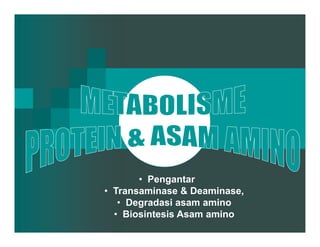 • Pengantar
• Transaminase & Deaminase,
• Degradasi asam amino• Degradasi asam amino
• Biosintesis Asam amino
 
