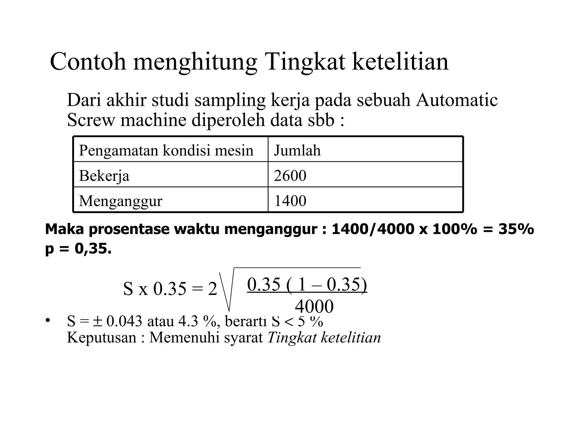 Contoh menghitung Tingkat ketelitian Dari akhir studi sampling kerja pada sebuah Automatic Screw machine diperoleh data sbb : Maka prosentase waktu menganggur : 1400/4000 x 100% = 35%  p = 0,35.   S =    0.043 atau 4.3 %, berarti S    5 % Keputusan : Memenuhi syarat  Tingkat ketelitian S x 0.35 = 2 0.35 ( 1 – 0.35) 4000 Pengamatan kondisi mesin Jumlah Bekerja 2600 Menganggur 1400 