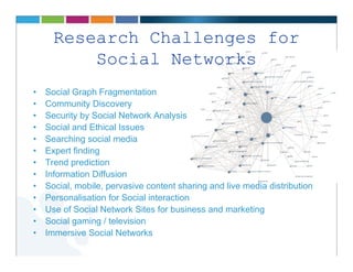 Research Challenges for
          Social Networks
•   Social Graph Fragmentation
•   Community Discovery
•   Security by Social Network Analysis
•   Social and Ethical Issues
•   Searching social media
•   Expert finding
•   Trend prediction
•   Information Diffusion
•   Social, mobile, pervasive content sharing and live media distribution
•   Personalisation for Social interaction
•   Use of Social Network Sites for business and marketing
•   Social gaming / television
•   Immersive Social Networks
 