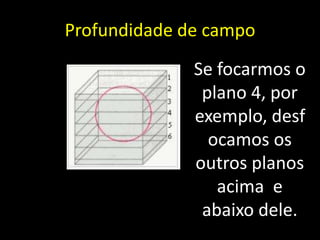 Profundidade de campo
              Se focarmos o
               plano 4, por
              exemplo, desf
                ocamos os
              outros planos
                 acima e
               abaixo dele.
 