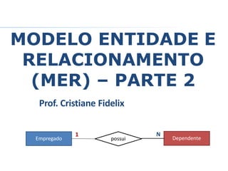 Prof. Cristiane Fidelix
MODELO ENTIDADE E
RELACIONAMENTO
(MER) – PARTE 2
Empregado possui
1 N
Dependente
 