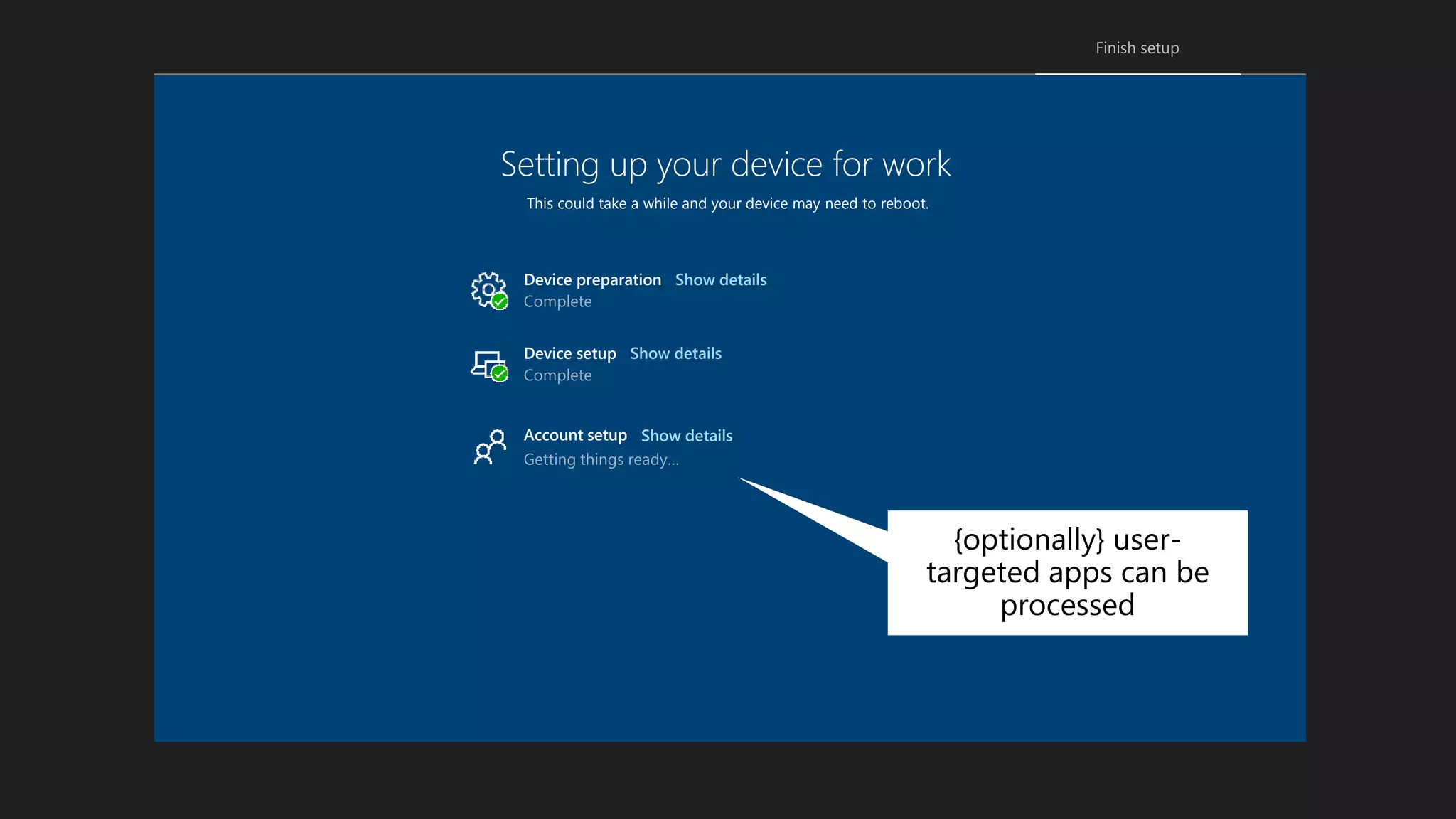 Setting up your device for work
This could take a while and your device may need to reboot.
Device setup
Account setup
Device preparation Show details
Show details
Show details
{optionally} user-
targeted apps can be
processed
 