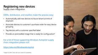 OEMs, distributors, and resellers make the process easy:
• Automatically add new devices to Azure tenant at time of
shipment
• Associate devices to customer’s purchase order for easy device
grouping
• Tag devices with a customer specified label
• Provide an preinstalled image that is ready for configuration*
For a list of those supporting Windows Autopilot supply
chain integration please visit:
https://aka.ms/WindowsAutopilot
Registering new devices
Supply chain integration
 