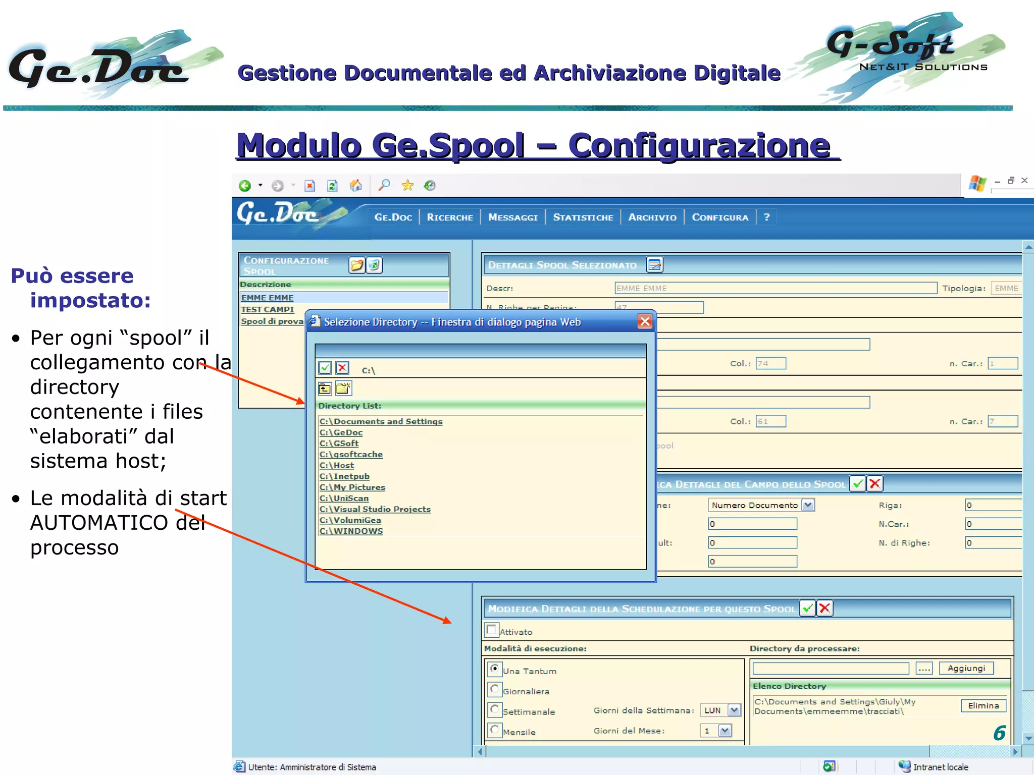 Modulo Ge.Spool – Configurazione  Può essere  impostato: Per ogni “spool” il collegamento con la directory contenente i files “elaborati” dal sistema host;  Le modalità di start AUTOMATICO del processo Gestione Documentale ed Archiviazione Digitale 