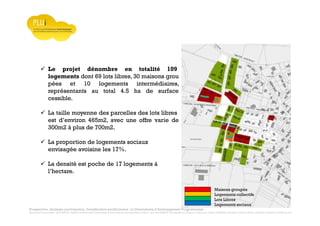 Prospective, stratégie participative, Densification pavillonnaire et Orientations d’Aménagement Programmées
Montrevault Communauté : Alain VINCENT, Président de Montrevault Communauté, Communauté de communes Moine et Sèvre : Jean-Louis MARTIN, Vice président en charge de l’Urbanisme, François TAVERNIER, paysagiste, Nolwenn DULIEU, Architecte urbaniste de l’Atelier du Lieu
Le projet dénombre en totalité 109
logements dont 69 lots libres, 30 maisons grou
pées et 10 logements intermédiaires,
représentants au total 4.5 ha de surface
cessible.
La taille moyenne des parcelles des lots libres
est d’environ 465m2, avec une offre varie de
300m2 à plus de 700m2.
La proportion de logements sociaux
envisagée avoisine les 17%.
La densité est poche de 17 logements à
l’hectare.
Maisons groupés
Logements collectifs
Lots Libres
Logements sociaux
 