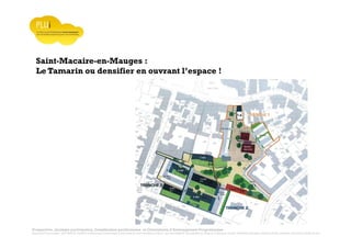 Prospective, stratégie participative, Densification pavillonnaire et Orientations d’Aménagement Programmées
Montrevault Communauté : Alain VINCENT, Président de Montrevault Communauté, Communauté de communes Moine et Sèvre : Jean-Louis MARTIN, Vice président en charge de l’Urbanisme, François TAVERNIER, paysagiste, Nolwenn DULIEU, Architecte urbaniste de l’Atelier du Lieu
Saint-Macaire-en-Mauges :
Le Tamarin ou densifier en ouvrant l’espace !
 