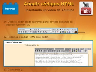 Añadir códigos HTML
 Recursos
                     Insertando un vídeo de Youtube


(1) Desde el editor donde queremos poner el vídeo pulsamos en
 “Modificar fuente HTML”.




(2) Pegamos el código HTML en el editor.




(3) Guardamos y...
 