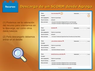 Recursos      Descarga de un SCORM desde Agrega



(1) Podemos ver la valoración
del recurso para orientarnos en
la descarga, así como otros
datos básicos

(2) Para descargarlo debemos
entrar en el detalle
 