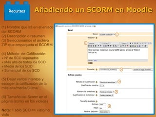 Recursos         Añadiendo un SCORM en Moodle

(1) Nombre que irá en el enlace
del SCORM
(2) Descripción o resumen
(3) Seleccionamos el archivo
ZIP que empaqueta el SCORM

(4) Método de Calificación:
» Nº de SCO superados
» Más alta de todos los SCO
» Media de los SCO
» Suma total de los SCO

(5) Dejar varios intentos y
escoger la calificación de la
más alta/media/última/...

(6) Tamaño del Scorm en el
página (como en los vídeos)

Nota: 1 sólo SCO => visto/no
visto
 