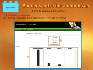 Actividades
                  Sondeos entre los alumnos/as
                          Como lo ven los alumnos/as...
(1) Formulario de votación
(2) Tabla de resultados para cada opción (en modo anónimo)
 