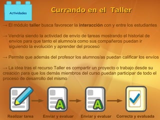 Actividades
                        Currando en el Taller

→ El módulo taller busca favorecer la interacción con y entre los estudiantes

→ Vendría siendo la actividad de envío de tareas mostrando el historial de
  envíos para que tanto el alumno/a como sus compañeros puedan ir
  siguiendo la evolución y aprender del proceso

→ Permite que además del profesor los alumnos/as puedan calificar los envíos

→ La idea tras el recurso Taller es compartir un proyecto o trabajo desde su
creación para que los demás miembros del curso puedan participar de todo el
proceso de desarrollo del mismo




  Realizar tarea    Enviar y evaluar   Enviar y evaluar   Correcta y evaluada
 