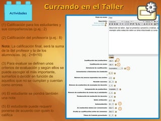Currando en el Taller
     Actividades


(1) Calificación para los estudiantes y
sus compañeros/as (p.ej.: 2)

(2) Calificación del profesor/a (p.ej.: 8)

Nota: La calificación final, será la suma
de la del profesor y la de los
alumnos/as. (ej.: 2+8=10)

(3) Para evaluar se definen unos
criterios de evaluación y según ellos se
puede escoger el más importante,
sumarlos o decidir en función de
aquellos que no se cumplan y cuentan
como errores

(4) El estudiante se pondrá también
una nota

(5) El estudiante puede requerir
ponerse de acuerdo con quien lo
califica
 
