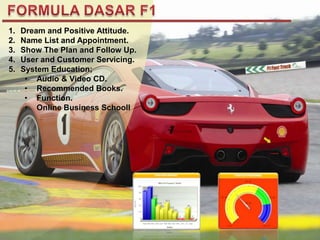 1.   Dream and Positive Attitude.
2.   Name List and Appointment.
3.   Show The Plan and Follow Up.
4.   User and Customer Servicing.
5.   System Education;
      • Audio & Video CD.
      • Recommended Books.
      • Function.
      • Online Business Schooll
 