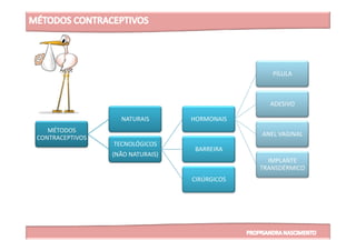NATURAIS HORMONAIS
PÍLULA
ADESIVO
MÉTODOS
CONTRACEPTIVOS
TECNOLÓGICOS
(NÃO NATURAIS)
ANEL VAGINAL
IMPLANTE
TRANSDÉRMICO
BARREIRA
CIRÚRGICOS
 