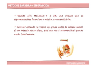 Produto com Monoxinol-9 a 5%, que impede que os
espermatozóides fecundem o ovócito, ao neutralizá-los.
Deve ser aplicado na vagina um pouco antes da relação sexual.
É um método pouco eficaz, pelo que não é recomendável quando
usado isoladamente.usado isoladamente.
 