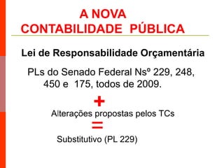 A NOVA
CONTABILIDADE PÚBLICA
PLs do Senado Federal Nsº 229, 248,
450 e 175, todos de 2009.
Lei de Responsabilidade Orçamentária
+
Alterações propostas pelos TCs
=Substitutivo (PL 229)
 