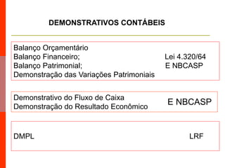 Balanço Orçamentário
Balanço Financeiro; Lei 4.320/64
Balanço Patrimonial; E NBCASP
Demonstração das Variações Patrimoniais
Demonstrativo do Fluxo de Caixa
Demonstração do Resultado Econômico
DMPL LRF
E NBCASP
DEMONSTRATIVOS CONTÁBEIS
 