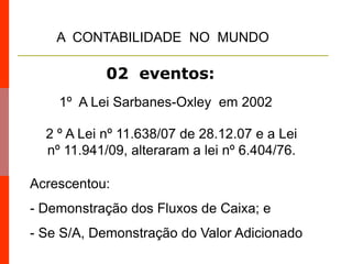 2 º A Lei nº 11.638/07 de 28.12.07 e a Lei
nº 11.941/09, alteraram a lei nº 6.404/76.
Acrescentou:
- Demonstração dos Fluxos de Caixa; e
- Se S/A, Demonstração do Valor Adicionado
02 eventos:
1º A Lei Sarbanes-Oxley em 2002
A CONTABILIDADE NO MUNDO
 