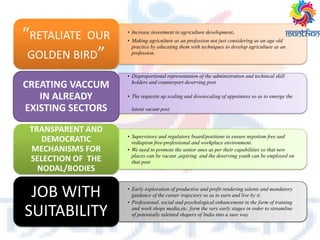 • Increase investment in agriculture development.
• Making agriculture as an profession not just considering as an age old
practice by educating them with techniques to develop agriculture as an
profession.
“RETALIATE OUR
GOLDEN BIRD”
• Disproportional representation of the administration and technical skill
holders and counterpart deserving post
• The requisite up scaling and downscaling of appointees so as to emerge the
latent vacant post
CREATING VACCUM
IN ALREADY
EXISTING SECTORS
• Supervisory and regulatory board/positions to ensure nepotism free and
redtapism free-professional and workplace environment.
• We need to promote the senior ones as per their capabilities so that new
places can be vacant ,aspiring and the deserving youth can be employed on
that post
TRANSPARENT AND
DEMOCRATIC
MECHANISMS FOR
SELECTION OF THE
NODAL/BODIES
• Early exploration of productive and profit rendering talents and mandatory
guidance of the career trajectory so as to earn and live by it.
• Professional, social and psychological enhancement in the form of training
and work shops media,etc, form the very early stages in order to streamline
of potentially talented shapers of India into a sure way
JOB WITH
SUITABILITY
 