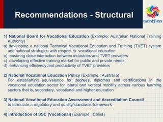 Recommendations - Structural
1) National Board for Vocational Education (Example: Australian National Training
Authority)
a) developing a national Technical Vocational Education and Training (TVET) system
and national strategies with respect to vocational education
b) ensuring close interaction between industries and TVET providers
c) developing effective training market for public and private needs
d) enhancing efficiency and productivity of TVET providers
2) National Vocational Education Policy (Example : Australia)
For establishing equivalence for degrees, diplomas and certifications in the
vocational education sector for lateral and vertical mobility across various learning
sectors that is, secondary, vocational and higher education
3) National Vocational Education Assessment and Accreditation Council
to formulate a regulatory and quality/standards framework
4) Introduction of SSC (Vocational) (Example : China)
 