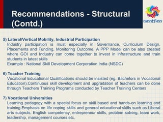 5) Lateral/Vertical Mobility, Industrial Participation
Industry participation is must especially in Governance, Curriculum Design,
Placements and Funding, Monitoring Outcome. A PPP Model can be also created
where GOI and Industry can come together to invest in infrastructure and train
students in latest skills
Example : National Skill Development Corporation India (NSDC)
6) Teacher Training
Vocational Educational Qualifications should be insisted (eg. Bachelors in Vocational
Education).Continuous skill development and upgradation of teachers can be done
through Teachers Training Programs conducted by Teacher Training Centers
7) Vocational Universities
Learning pedagogy with a special focus on skill based and hands-on learning and
training.Emphasis on life coping skills and general educational skills such as Liberal
arts subjects, English competency, entrepreneur skills, problem solving, team work,
leadership, management courses etc.
Recommendations - Structural
(Contd.)
 