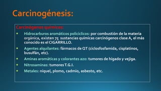 Carcinogénesis:
Carcinógenos químicos:
 Hidrocarburos aromáticos policíclicos:
 Agentes alquilantes:
 Aminas aromáticas y colorantes azo:
 Nitrosaminas:
 Metales:
 