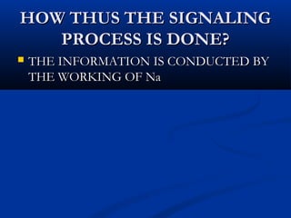HOW THUS THE SIGNALINGHOW THUS THE SIGNALING
PROCESS IS DONE?PROCESS IS DONE?
 THE INFORMATION IS CONDUCTED BYTHE INFORMATION IS CONDUCTED BY
THE WORKING OF NaTHE WORKING OF Na
 