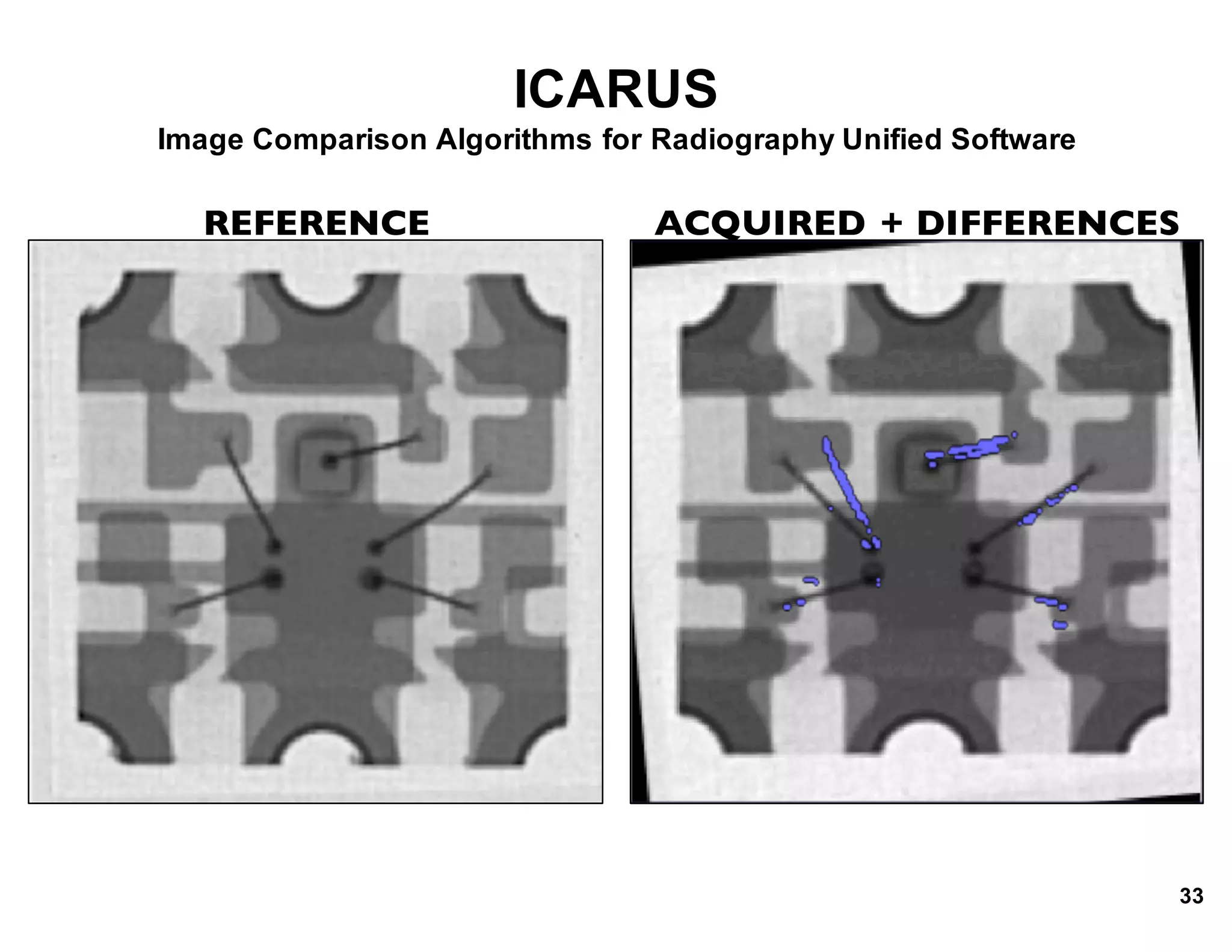 ICARUS
Image*Comparison*Algorithms*for*Radiography*Unified*Software
REFERENCE ACQUIRED + DIFFERENCES
33
 