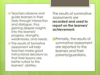 🞇 Teachers observe and
guide learners in their
tasks through interaction
and dialogue, thus
gaining deeper insights
into the learners’
progress, strengths,
weaknesses, and needs.
🞇 The results of formative
assessment will help
teachers make good
instructional decisions so
that their lessons are
better suited to the
learners’ abilities.
The results of summative
assessments are
recorded and used to
report on the learners’
achievement.
🞇Primarily, the results of
summative assessment
are reported to the
learners and their
parents/guardians.
 