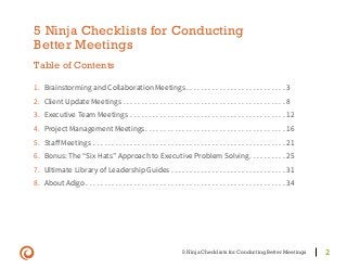 5 Ninja Checklists for Conducting Better Meetings 2
5 Ninja Checklists for Conducting
Better Meetings
Table of Contents
1....