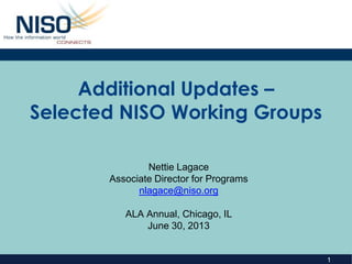 1
Additional Updates –
Selected NISO Working Groups
Nettie Lagace
Associate Director for Programs
nlagace@niso.org
ALA Annual, Chicago, IL
June 30, 2013
 