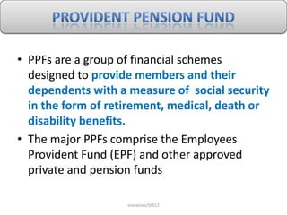 • PPFs are a group of financial schemes
designed to provide members and their
dependents with a measure of social security...