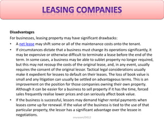 Disadvantages
For businesses, leasing property may have significant drawbacks:
• A net lease may shift some or all of the ...