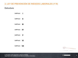 2. LEY DE PREVENCIÓN DE RIESGOS LABORALES (Y III)

Estructura:

                    CAPÍTULO         I


                    CAPÍTULO         II


                    CAPÍTULO        III


                    CAPÍTULO        IV


                    CAPÍTULO        V


                    CAPÍTULO        VI


                    CAPÍTULO       VII



5. Normativa sobre seguridad y salud en el trabajo
                                                                   6
Seguridad en las instalaciones de telecomunicación e informática
 