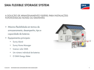 SMA FLEXIBLE STORAGE SYSTEM
12.03.2015 7NOVIDADES SMA AUTOCONSUMO COM ACUMULAÇÃO
> Máxima flexibilidade em termos de
armazenamento, desempenho, tipo e
capacidade de baterias
> Equipamentos principais:
• Sunny Island
• Sunny Home Manager
• Inversor solar SMA
• Um número individual de baterias
• O SMA Energy Meter
A SOLUÇÃO DE ARMAZENAMENTO FLEXÍVEL PARA INSTALAÇÕES
FOTOVOLTAICAS NOVAS OU EXISTENTES
 