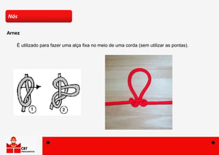 É utilizado para fazer uma alça fixa no meio de uma corda (sem utilizar as pontas).
Nós
Arnez
 