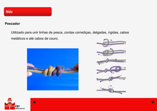 Utilizado para unir linhas de pesca, cordas corrediças, delgadas, rígidas, cabos
metálicos e até cabos de couro.
Nós
Pescador
 