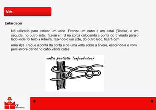 Nó utilizado para esticar um cabo. Prende um cabo a um estai (Ribeira) e em
seguida, no outro estai, faz-se um S na corda colocando a ponta do S virado para o
lado onde foi feito a Ribeira, fazendo-o um cote, do outro lado, ficará com
uma alça. Pegue a ponta da corda e de uma volta sobre a árvore, esticando-a e volte
pela árvore dando no cabo vários cotes.
Nós
Enfardador
 