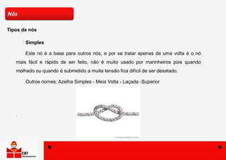 Simples
Este nó é a base para outros nós, e por se tratar apenas de uma volta é o nó
mais fácil e rápido de ser feito, não é muito usado por marinheiros pois quando
molhado ou quando é submetido a muita tensão fica difícil de ser desatado.
Outros nomes: Azelha Simples - Meia Volta - Laçada -Superior
.
Nós
Tipos de nós
 