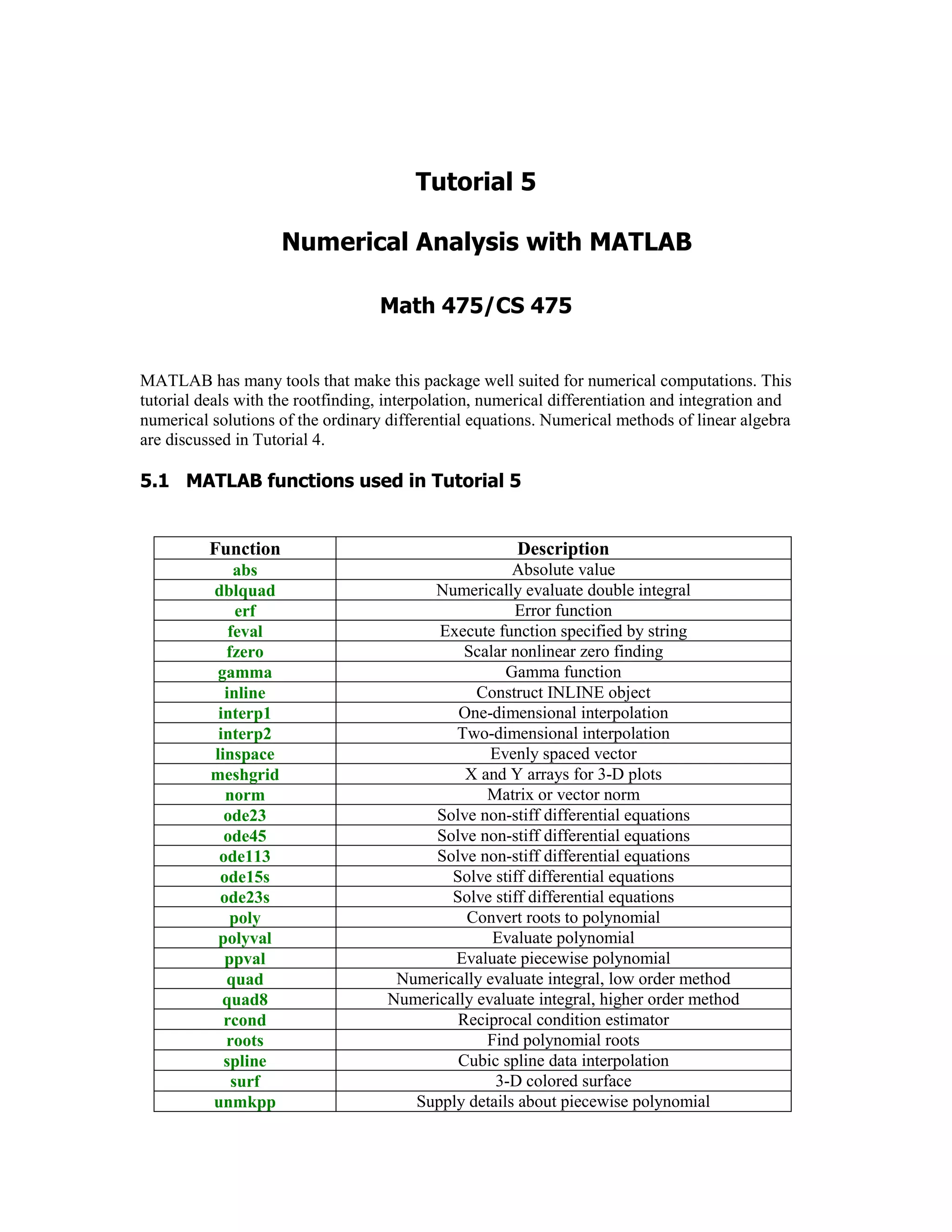 MATLAB has many tools that make this package well suited for numerical computations. This
tutorial deals with the rootfinding, interpolation, numerical differentiation and integration and
numerical solutions of the ordinary differential equations. Numerical methods of linear algebra
are discussed in Tutorial 4.


					
 			


Function

Description

abs
dblquad
erf
feval
fzero
gamma
inline
interp1
interp2
linspace
meshgrid
norm
ode23
ode45
ode113
ode15s
ode23s
poly
polyval
ppval
quad
quad8
rcond
roots
spline
surf
unmkpp

Absolute value
Numerically evaluate double integral
Error function
Execute function specified by string
Scalar nonlinear zero finding
Gamma function
Construct INLINE object
One-dimensional interpolation
Two-dimensional interpolation
Evenly spaced vector
X and Y arrays for 3-D plots
Matrix or vector norm
Solve non-stiff differential equations
Solve non-stiff differential equations
Solve non-stiff differential equations
Solve stiff differential equations
Solve stiff differential equations
Convert roots to polynomial
Evaluate polynomial
Evaluate piecewise polynomial
Numerically evaluate integral, low order method
Numerically evaluate integral, higher order method
Reciprocal condition estimator
Find polynomial roots
Cubic spline data interpolation
3-D colored surface
Supply details about piecewise polynomial

 