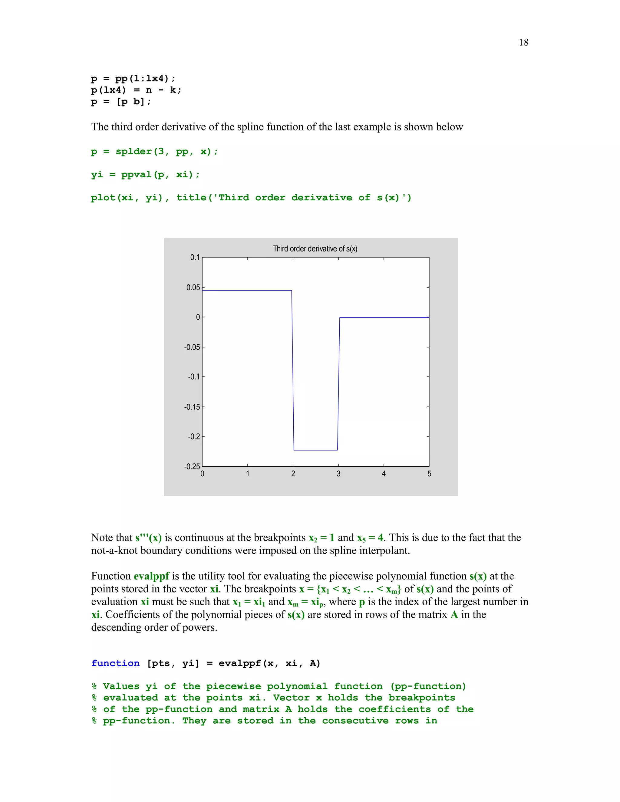 17

err = norm(abs(yi-1./(1+xi.^2)),'inf')
err =
0.0859

Detailed information about the piecewise polynomial representation of the spline interpolant can
be obtained running function spline with two input parameters x and y
pp = spline(x, y);

and next executing command unmkpp
[brpts, coeffs, npol, ncoeff] = unmkpp(pp)
brpts =
0
1
coeffs =
0.0074
0.0074
-0.0371
-0.0002
-0.0002
npol =
5
ncoeff =
4

2

3

0.0777
0.1000
0.1223
0.0110
0.0104

4

-0.5852
-0.4074
-0.1852
-0.0519
-0.0306

5
1.0000
0.5000
0.2000
0.1000
0.0588

The output parameters brpts, coeffs, npol, and ncoeff represent the breakpoints of the spline
interpolant, coefficients of s(x) on successive subintervals, number of polynomial pieces that
constitute spline function and number of coefficients that represent each polynomial piece,
respectively. On the subinterval [xl, xl+1] the spline interpolant is represented as
s(x) = cl1(x – xl)3 + cl2(x – xl)2 + cl3(x – xl) + cl4
where [cl1 cl2 cl3 cl4] is the lth row of the matrix coeffs. This form is called the piecewise
polynomial form (pp–form) of the spline function.
Differentiation of the spline function s(x) can be accomplished running function splder. In order
for this function to work properly another function pold (see Problem 19) must be in MATLAB's
search path.
function p = splder(k, pp, x)
% Piecewise polynomial representation of the derivative
% of order k (0 = k = 3) of a cubic spline function in the
% pp form with the breakpoints stored in the vector x.
m =
lx4
n =
c =
c =
b =
b =

pp(3);
= length(x) + 4;
pp(lx4);
pp(1 + lx4:length(pp))';
reshape(c, m, n);
pold(c, k);
b(:)';

 