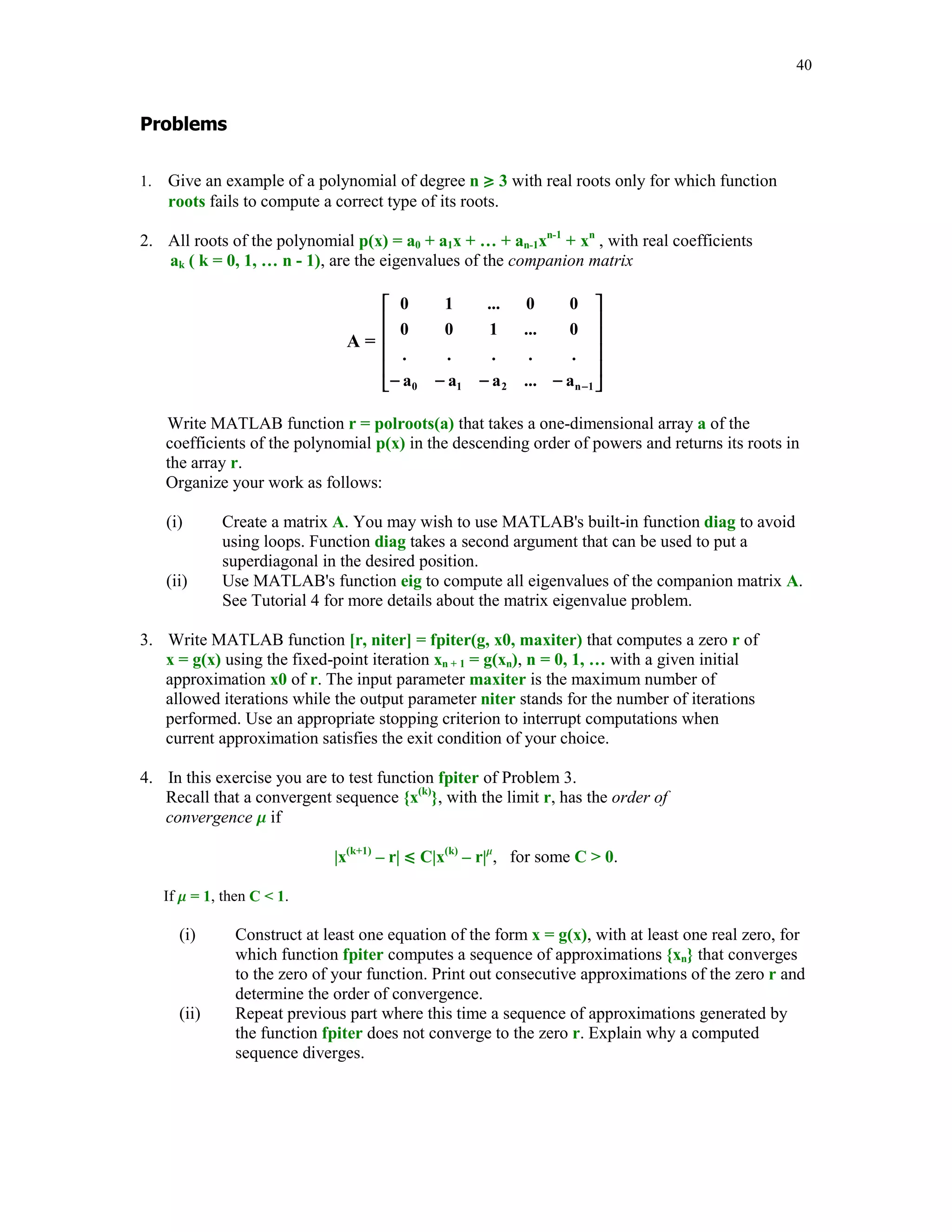 36

y'(t) = -1000(y – log(1 + t)) +

1
,
1+ t

y(0) = 1.

dy = inline('-1000*(y – log(1 + t)) + 1/(1 + t)', 't', 'y')
dy =
Inline function:
dy(t,y) = -1000*(y – log(1 + t)) + 1/(1 + t)

Using the ode23s function on the interval
tspan = [0 0.5];

we obtain
[t, y] = ode23s(dy, tspan, 1);

To illustrate the effect of stiffness of the differential equation in question, let us plot the graph of
the computed solution
plot(t, y), axis([-.05 .55 -.05 1] ), xlabel('t'), ylabel('y(t)'),
title('Solution to the stiff ODE')

Solution to the stiff ODE
1
0.9
0.8
0.7

y(t)

0.6
0.5
0.4
0.3
0.2
0.1
0
0

0.1

0.2

0.3

0.4

0.5

t

The exact solution to this problem is y(t) = log(1+t) + exp(-1000*t). Try to plot this function on
the interval [-0.05, 0.5].

 