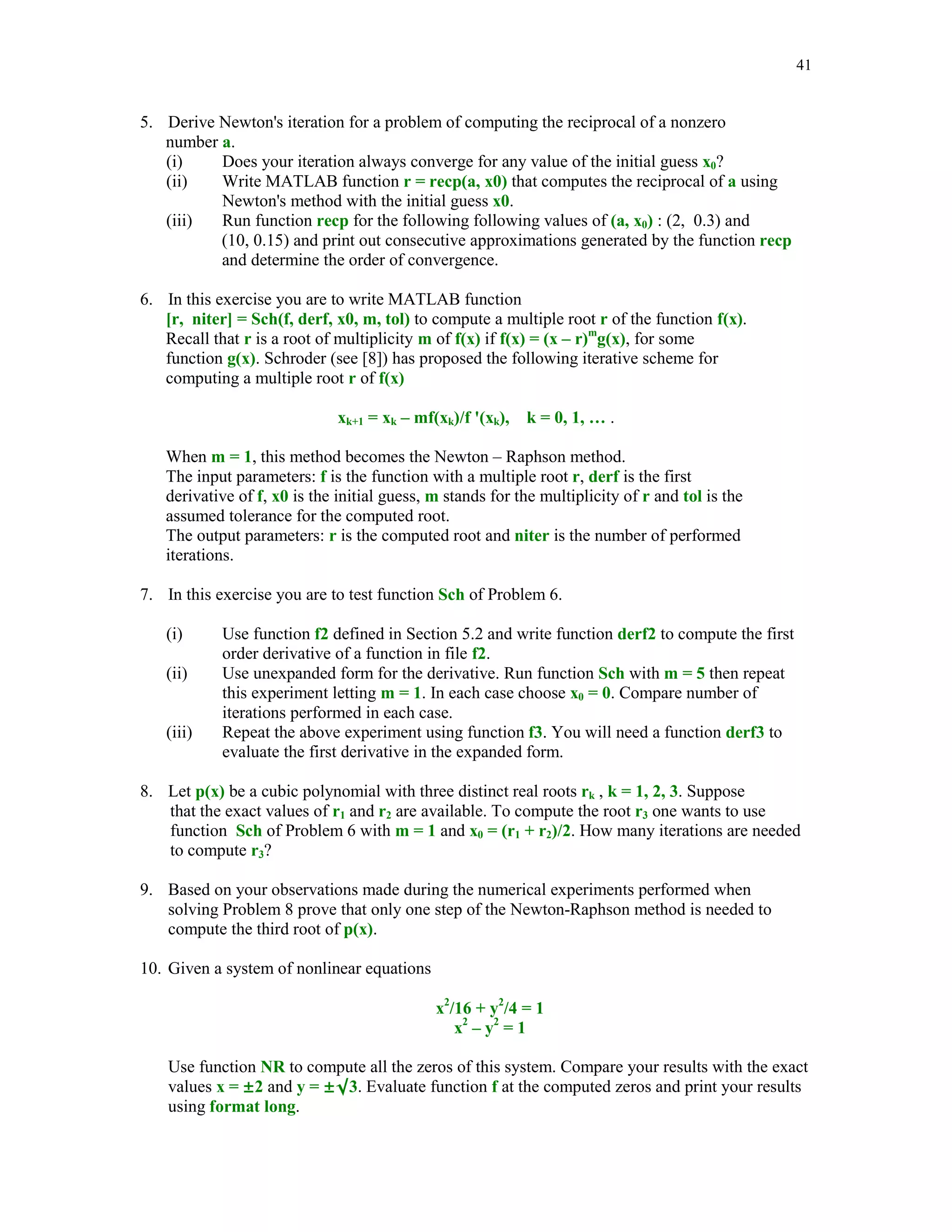 37

5.5.2

The two – point boundary value problem for the second order ODE's

The purpose of this section is to discuss a numerical method for the two – point boundary value
problem for the second order ODE
y''(t) = f(t, y, y')
y(a) = ya, y(b) = yb.
A method in question is the finite difference method. Let us assume that the function f is of the
form f(t, y, y') = g0(t) + g1(t)y + g2(t)y'. Thus the function f is linear in both y and y'. Using
standard second order approximations for y' and y'' one can easily construct a linear system of
equations for computing approximate values of the function y on the set of evenly spaced points.
Function bvp2ode implements this method
function [t, y] = bvp2ode(g0, g1, g2, tspan, bc, n)
%
%
%
%
%
%

Numerical solution y of the boundary value problem
y'' = g0(t) + g1(t)*y + g2(t)*y', y(a) = ya, y(b) = yb,
at n+2 evenly spaced points t in the interval tspan = [a b].
g0, g1, and g2 are strings representing functions g0(t),
g1(t), and g2(t), respectively. The boundary values
ya and yb are stored in the vector bc = [ya yb].

a = tspan(1);
b = tspan(2);
t = linspace(a,b,n+2);
t1 = t(2:n+1);
u = feval(g0, t1);
v = feval(g1, t1);
w = feval(g2, t1);
h = (b-a)/(n+1);
d1 = 1+.5*h*w(1:n-1);
d2 = -(2+v(1:n)*h^2);
d3 = 1-.5*h*w(2:n);
A = diag(d1,-1) + diag(d2) + diag(d3,1);
f = zeros(n,1);
f(1) = h^2*u(1) - (1+.5*h*w(1))*bc(1);
f(n) = h^2*u(n) - (1-.5*h*w(n))*bc(2);
f(2:n-1) = h^2*u(2:n-1)';
s = Af;
y = [bc(1);s;bc(2)];
t = t';

In this example we will deal with the two-point boundary value problem
y''(t) = 1 +sin(t)y + cos(t)y'
y(0) = y(1) = 1.
We define three inline functions

 