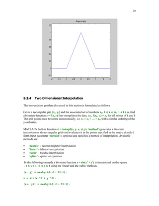 19

% the descending order of powers.The output parameter pts holds
% the points of the union of two sets x and xi.

n = length(x);
[p, q] = size(A);
if n-1 ~= p
error('Vector t and matrix A must be compatible')
end
yi = [];
pts = union(x, xi);
for m=1:p
l = find(pts == x(m));
r = find(pts == x(m+1));
if m  n-1
yi = [yi polyval(A(m,:), pts(l:r-1))];
else
yi = [yi polyval(A(m,:), pts(l:r))];
end
end

In this example we will evaluate and plot the graph of the piecewise linear function s(x) that is
defined as follows
s(x) = 0,
s(x) = 1 + x,
s(x) = 1 – x,

if |x|  1
if -1  x  0
if 0  x  1

Let
x = -2:2;
xi = linspace(-2, 2);
A = [0 0;1 1;1 –1;0 0];
[pts, yi] = evalppf(x, xi, A);
plot(pts, yi), title('Graph of s(x)'), axis([-2 2 -.25 1.25])

 