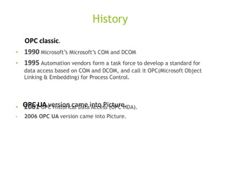 History
• 1990 Microsoft’s Microsoft’s COM and DCOM
• 1995 Automation vendors form a task force to develop a standard for
data access based on COM and DCOM, and call it OPC(Microsoft Object
Linking & Embedding) for Process Control.
• 2001 OPC Historical Data Access (OPC HDA).
• 2006 OPC UA version came into Picture.
OPC UA version came into Picture.
OPC classic.
 