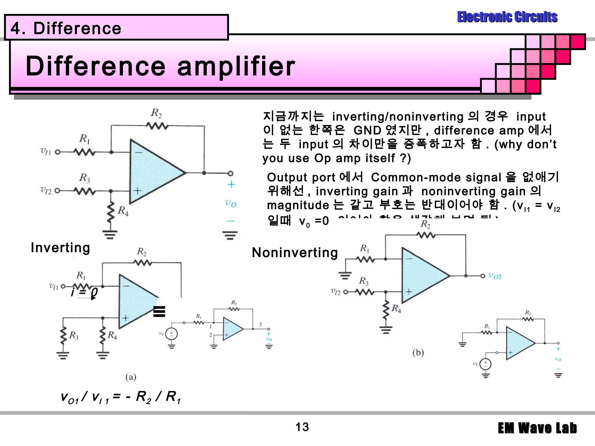 Electronic Circuits
4. Difference

 Difference amplifier
                                    지금까지는 inverting/noninverting 의 경우 input
                                    이 없는 한쪽은 GND 였지만 , difference amp 에서
                                    는 두 input 의 차이만을 증폭하고자 함 . (why don’t
                                    you use Op amp itself ?)
                                     Output port 에서 Common-mode signal 을 없애기
                                     위해선 , inverting gain 과 noninverting gain 의
                                     magnitude 는 같고 부호는 반대이어야 함 . (v I1 = v I2
                                     일때 v 0 =0 이어야 함을 생각해 보면 됨 )

  Inverting                        Noninverting

        i = 0
                          ≡


      v O1 / v I 1 = - R 2 / R 1

                                         13                            EM Wave Lab
 