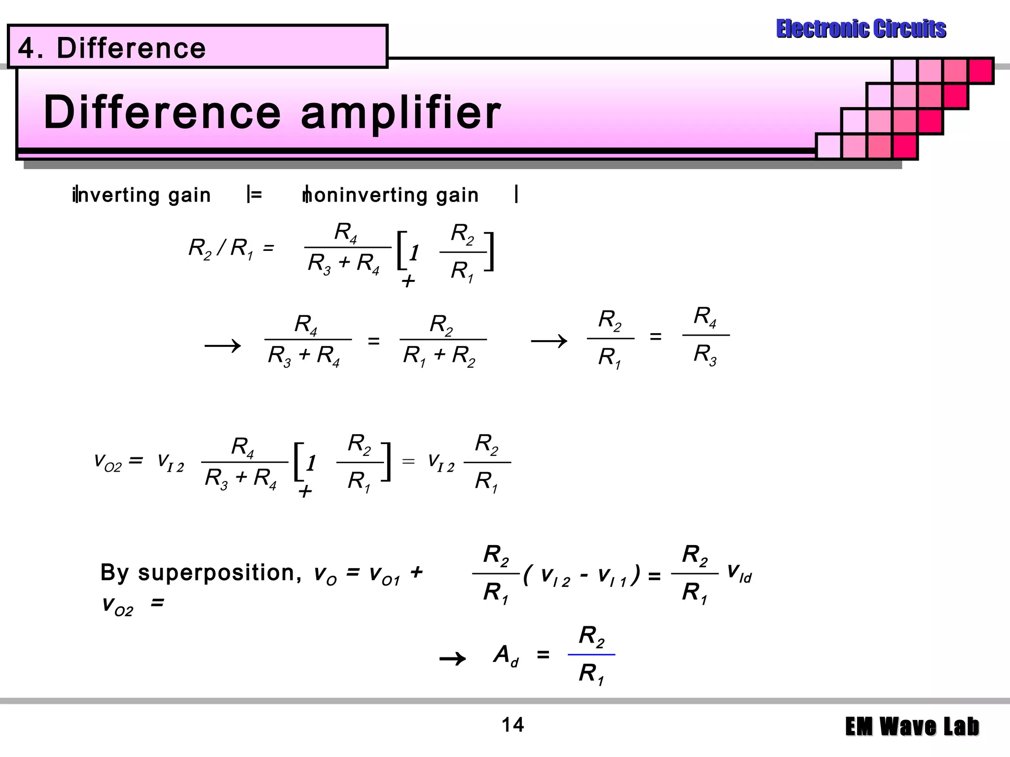 Electronic Circuits
4. Difference

 Difference amplifier
 ᅵᅵ
  inverting gain ᅵᅵ ᅵᅵ
                   = noninverting gain ᅵᅵ
                                     R4              R2
                  R2 / R1 =
                                  R3 + R4   [1       R1
                                                          ]
                                                +
                             R4             R2                           R2         R4
                   →      R3 + R4
                                       =
                                         R1 + R2                    →    R1
                                                                               =
                                                                                    R3



                     R4              R2                   R2
     vO2 = vΙ 2
                   R3 + R4
                              [1
                                     R1
                                            ]   = vΙ 2
                                                          R1
                              +

                                                          R2                        R2
     By superposition, v O = v O1 +                             ( vI 2 - vI 1 ) =        v Id
     v O2 =                                               R1                        R1
                                                                        R2
                                                    →      Ad =
                                                                        R1

                                                               14                                      EM Wave Lab
 