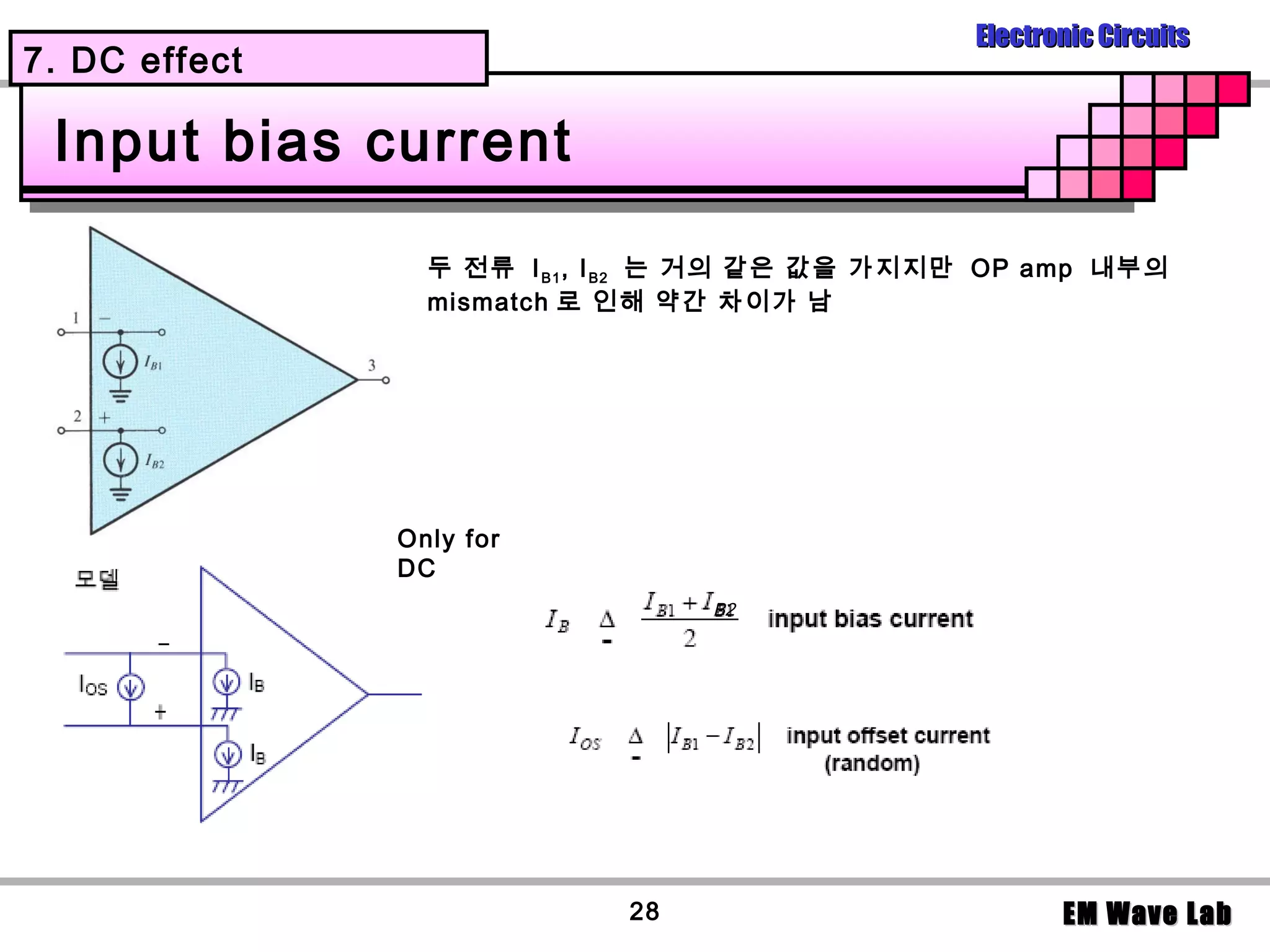 Electronic Circuits
7. DC effect

 Input bias current

                 두 전류 I B1 , I B2 는 거의 같은 값을 가지지만 OP amp 내부의
                 mismatch 로 인해 약간 차이가 남




               Only for
               DC
                                 B2




                            28                         EM Wave Lab
 