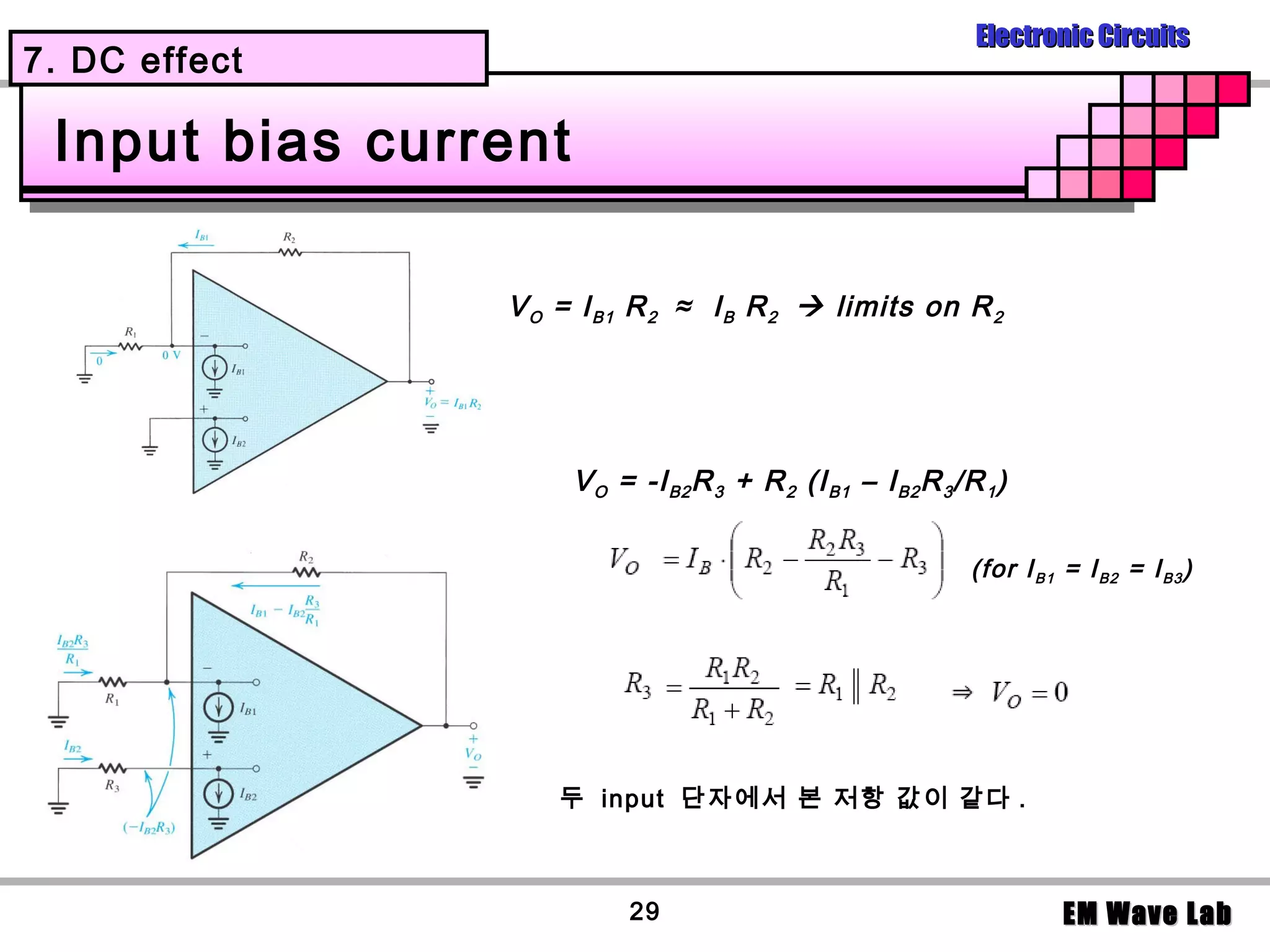 Electronic Circuits
7. DC effect

 Input bias current

                V O = I B1 R 2 ≈ I B R 2  limits on R 2




                      V O = -I B2 R 3 + R 2 (I B1 – I B2 R 3 /R 1 )

                                                               (for I B1 = I B2 = I B3 )




                    두 input 단자에서 본 저항 값이 같다 .



                           29                                            EM Wave Lab
 