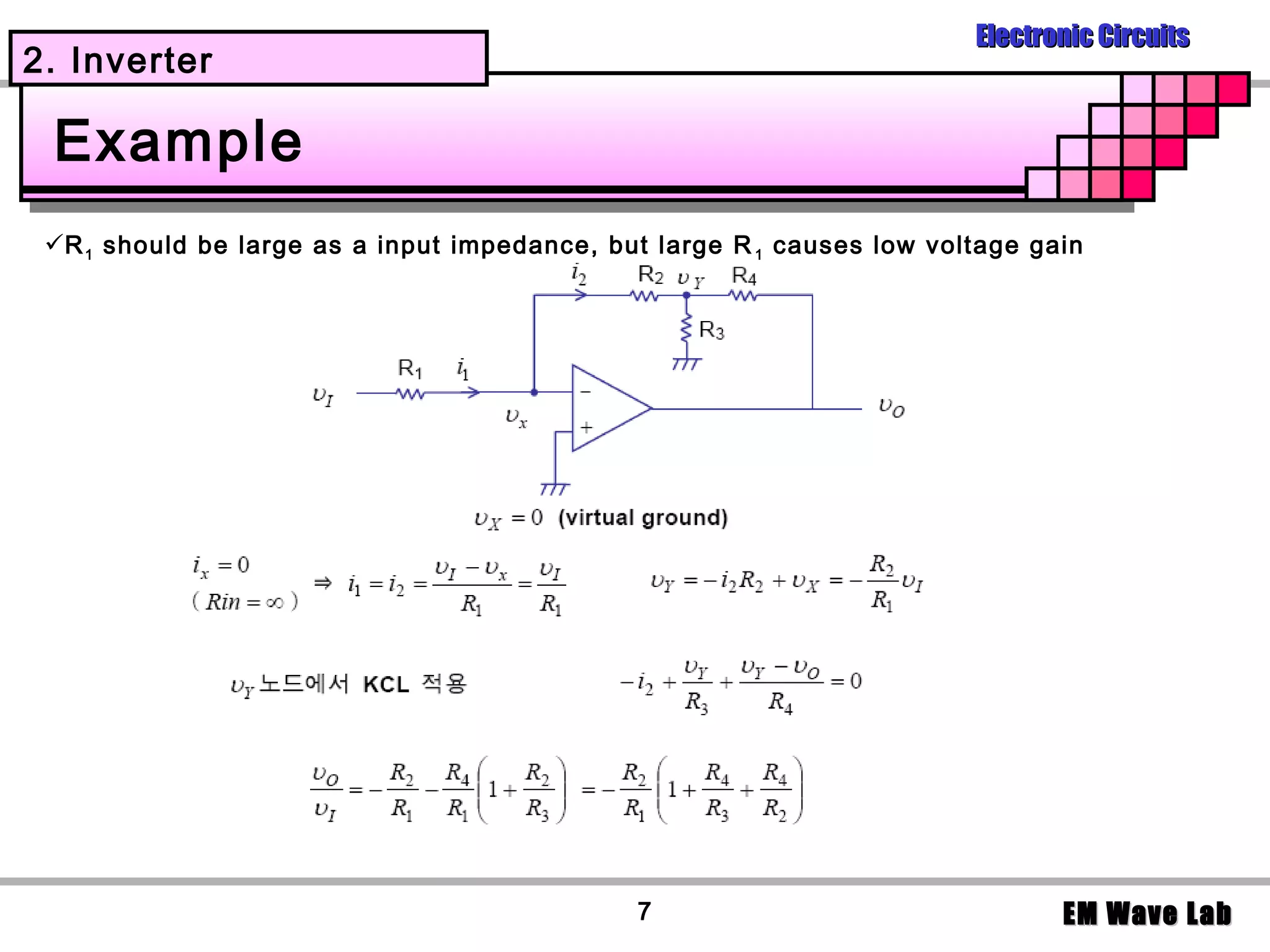 Electronic Circuits
2. Inverter

 Example
 R 1 should be large as a input impedance, but large R 1 causes low voltage gain




                                              7                                EM Wave Lab
 